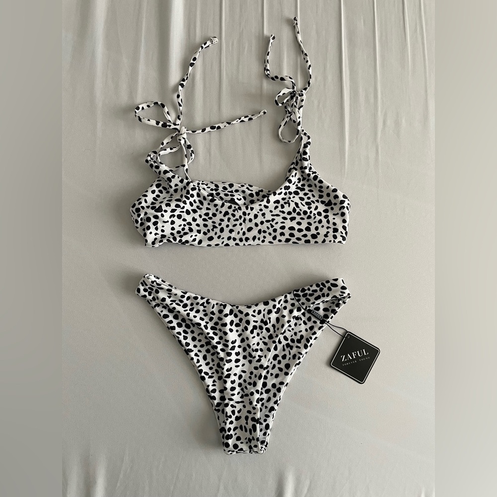 ZAFUL Dalmatian Print Tie Strap High Cut Bikini Set Size S